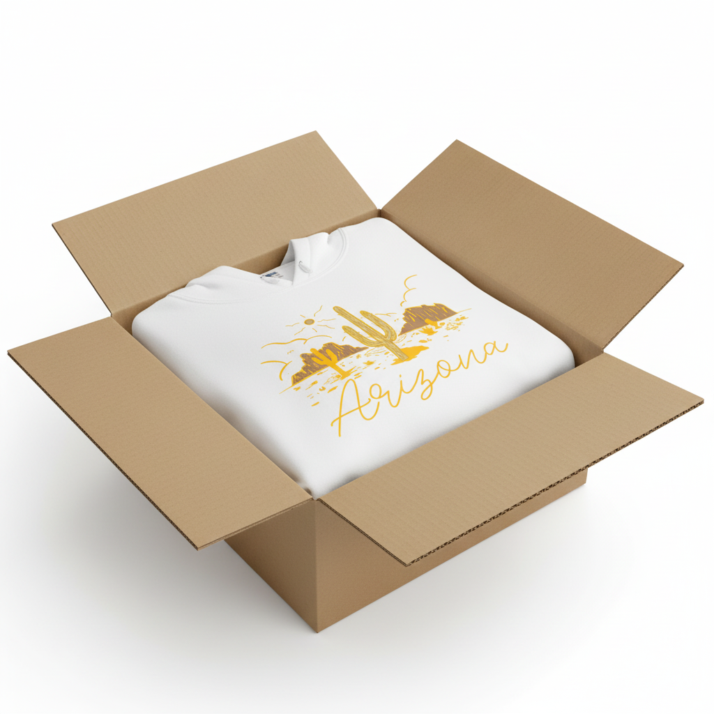 White hoodie in shipping box with collar and hood visible