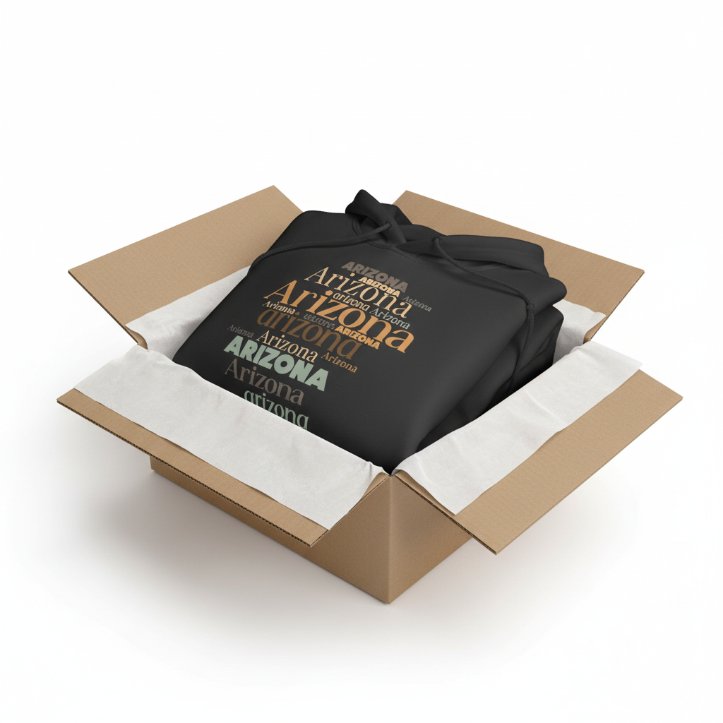 Black hoodie in shipping box with collar and hood visible