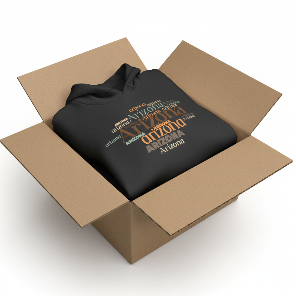 Black hoodie in shipping box with collar and hood visible