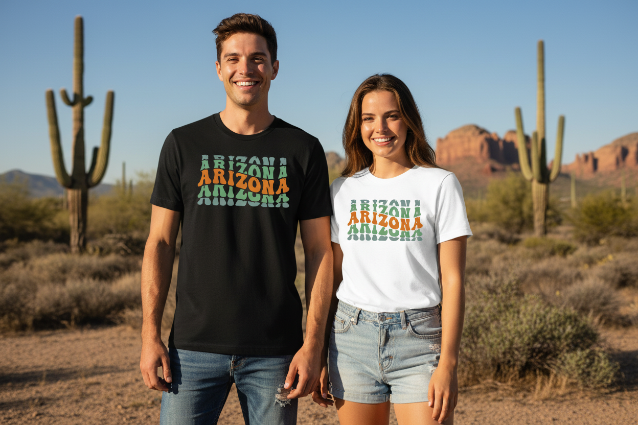 Male and female models wearing black and white t-shirts side by side