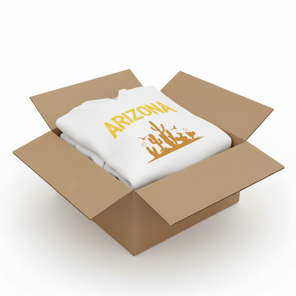 White hoodie in shipping box with collar and hood visible
