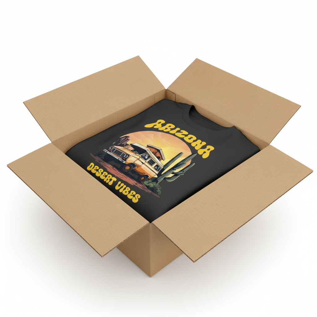 Black t-shirt in shipping box with collar visible