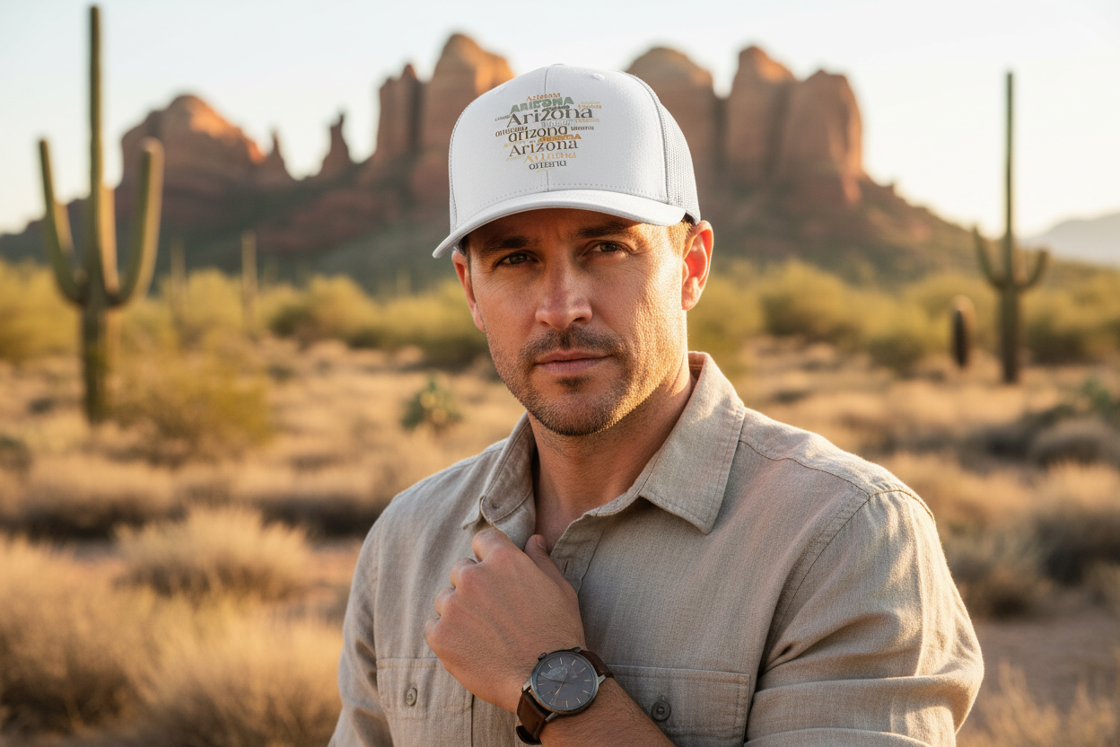 Man wearing white Richardson 112 trucker snapback hat - Arizona desert lifestyle