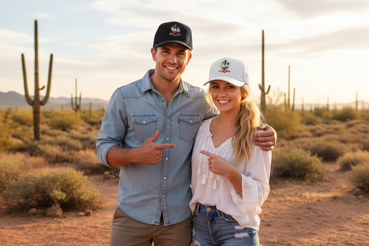 Man and woman wearing black and white Richardson 112 trucker snapback hats - Arizona desert lifestyle