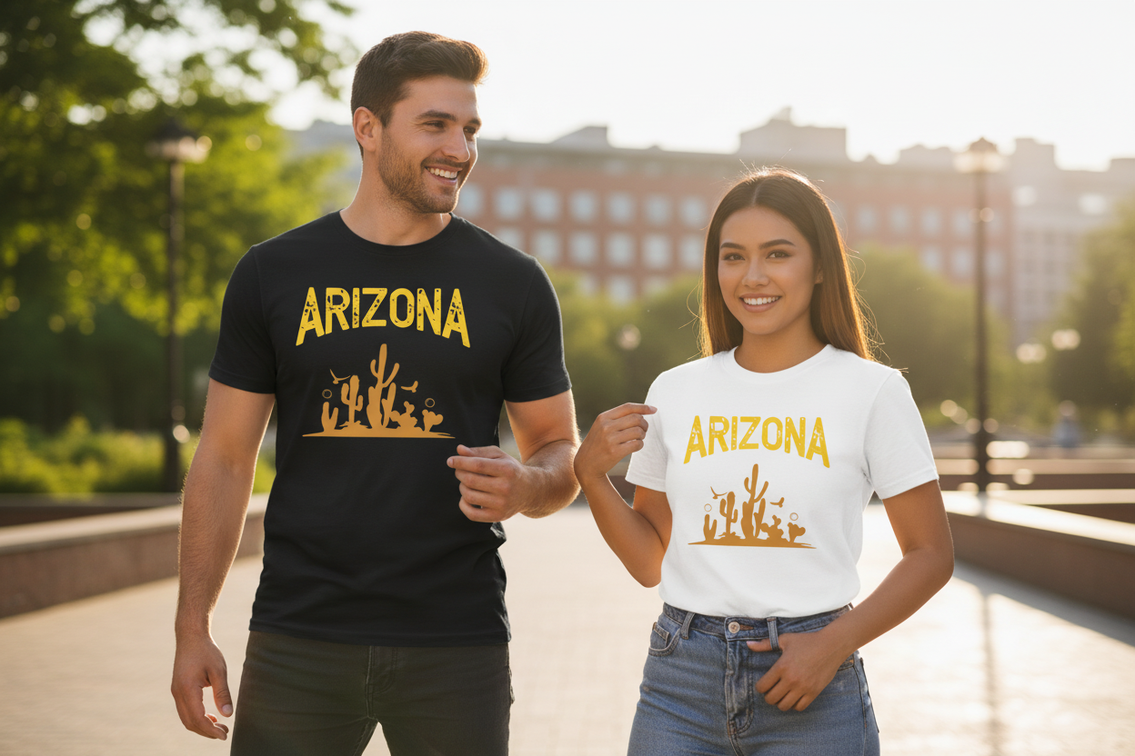 Male and female models wearing black and white t-shirts side by side