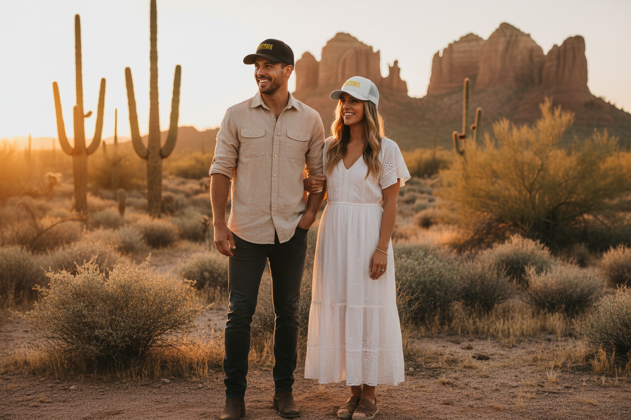 Man and woman wearing black and white Richardson 112 trucker snapback hats - Arizona desert lifestyle