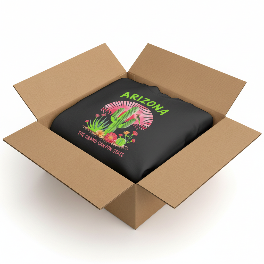 Black hoodie in shipping box with collar and hood visible