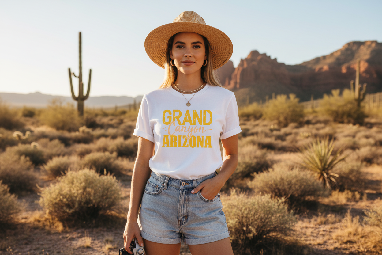 Woman wearing white graphic t-shirt - Arizona desert lifestyle