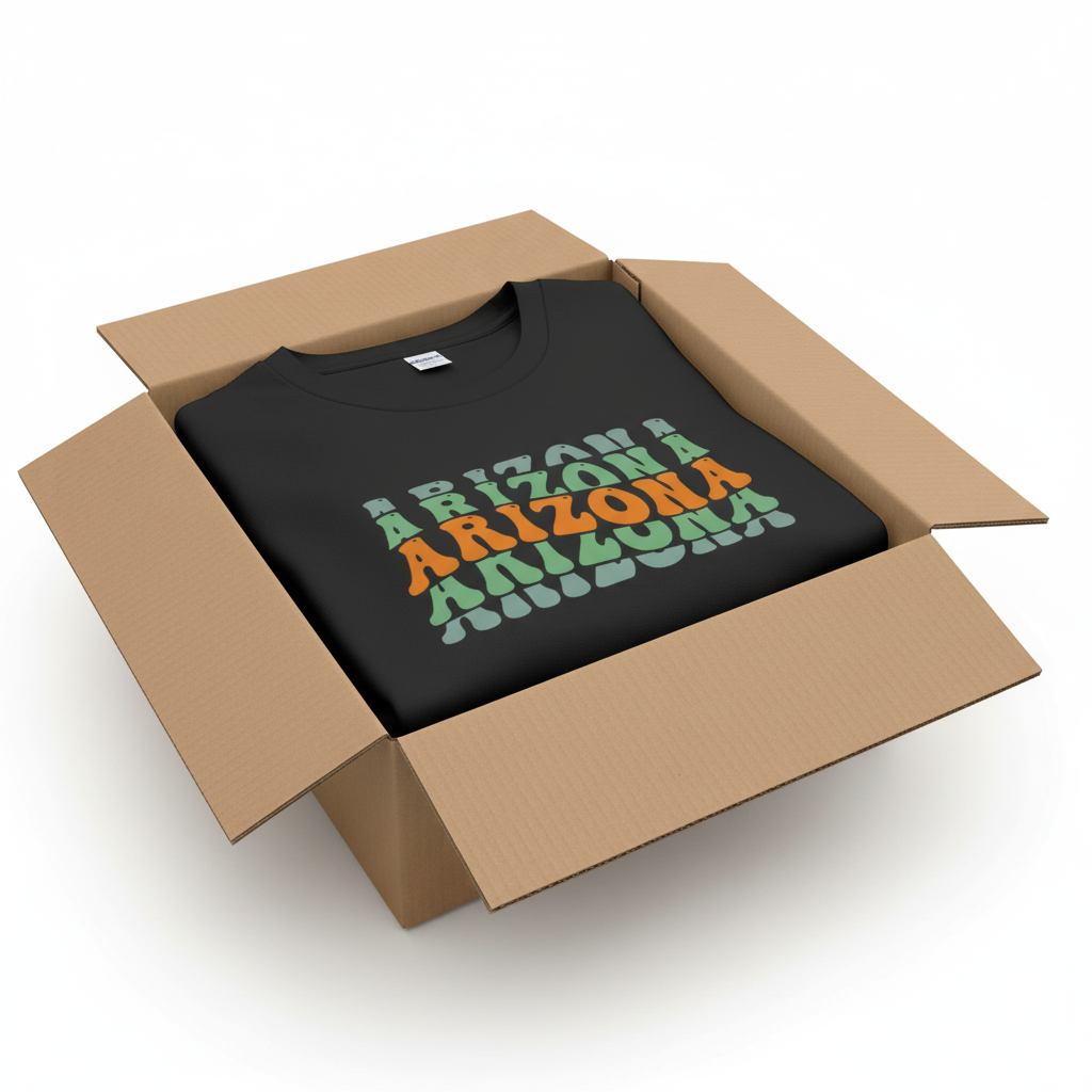 Black t-shirt in shipping box with collar visible