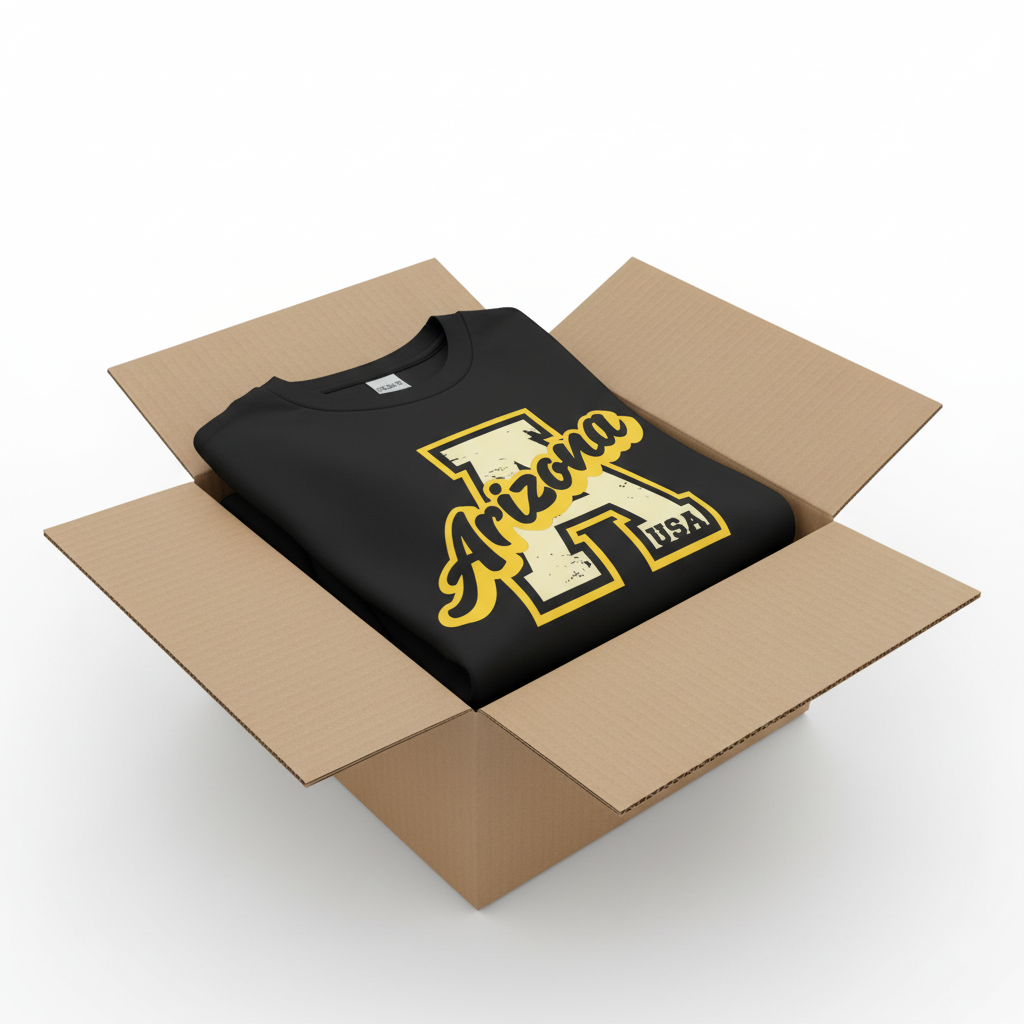 Black t-shirt in shipping box with collar visible