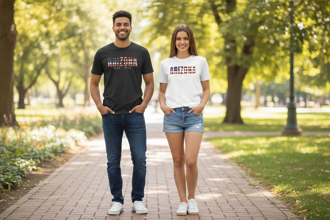 Male and female models wearing black and white t-shirts side by side