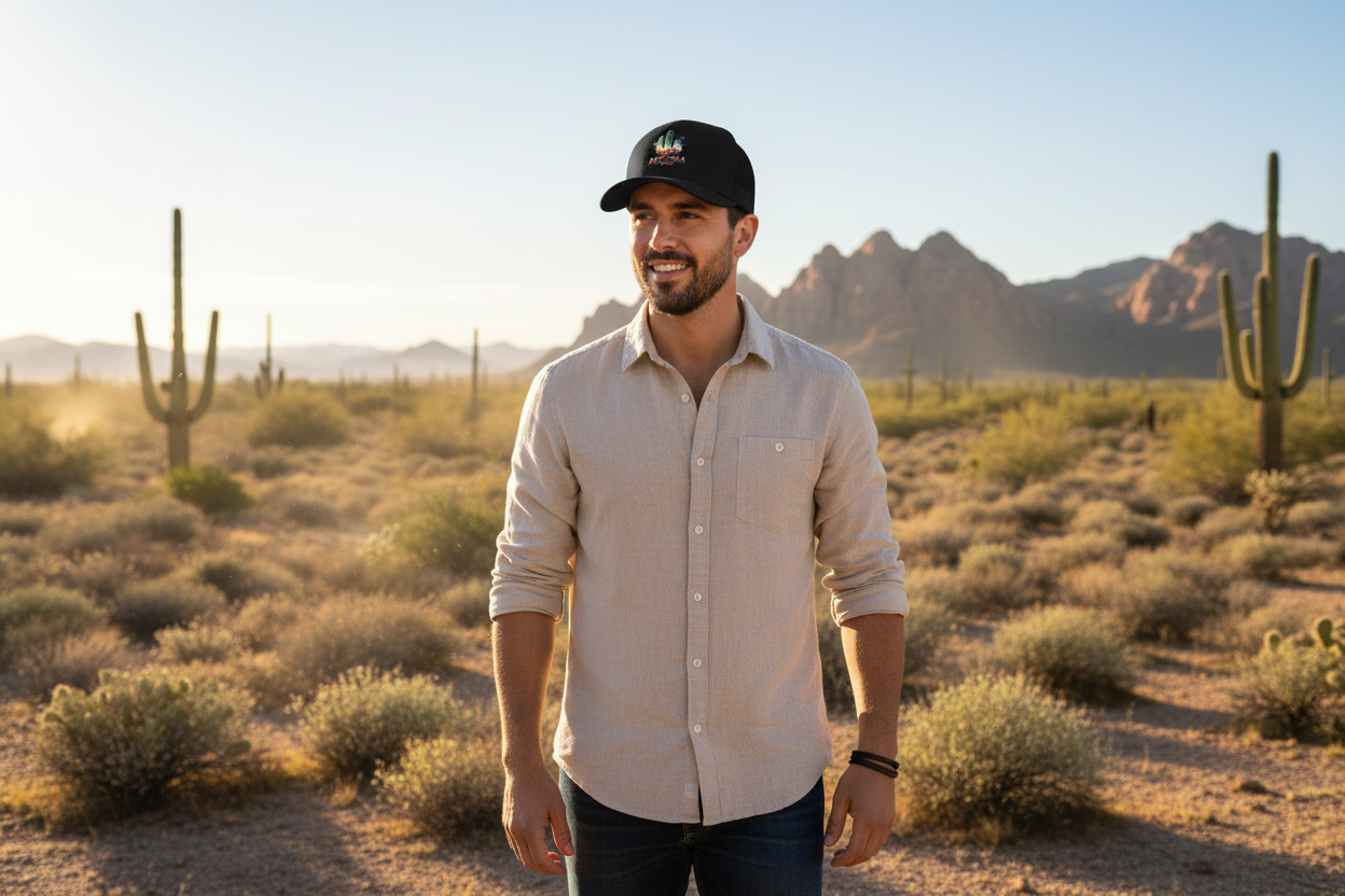 Man wearing black Richardson 112 trucker snapback hat - Arizona desert lifestyle