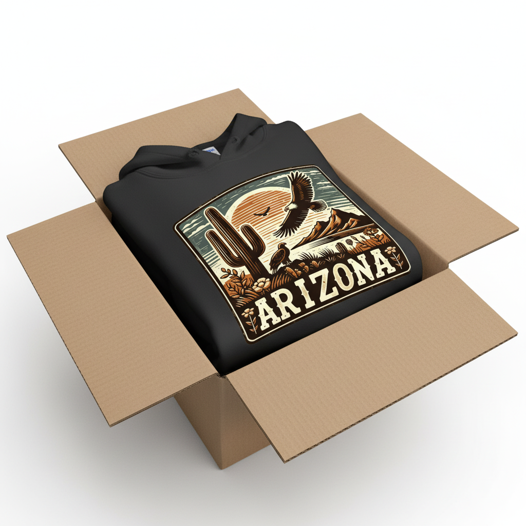 Black hoodie in shipping box with collar and hood visible