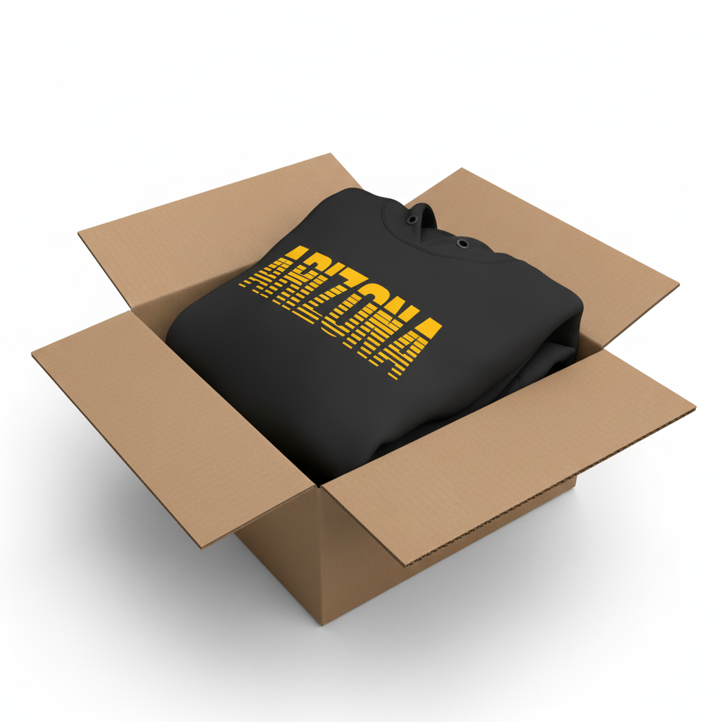 Black hoodie in shipping box with collar and hood visible