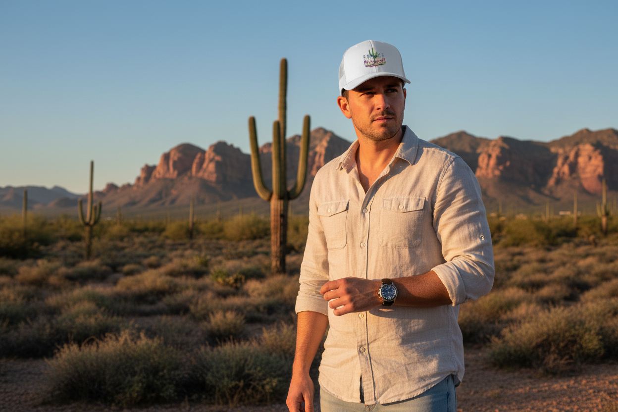 Man wearing white Richardson 112 trucker snapback hat - Arizona desert lifestyle