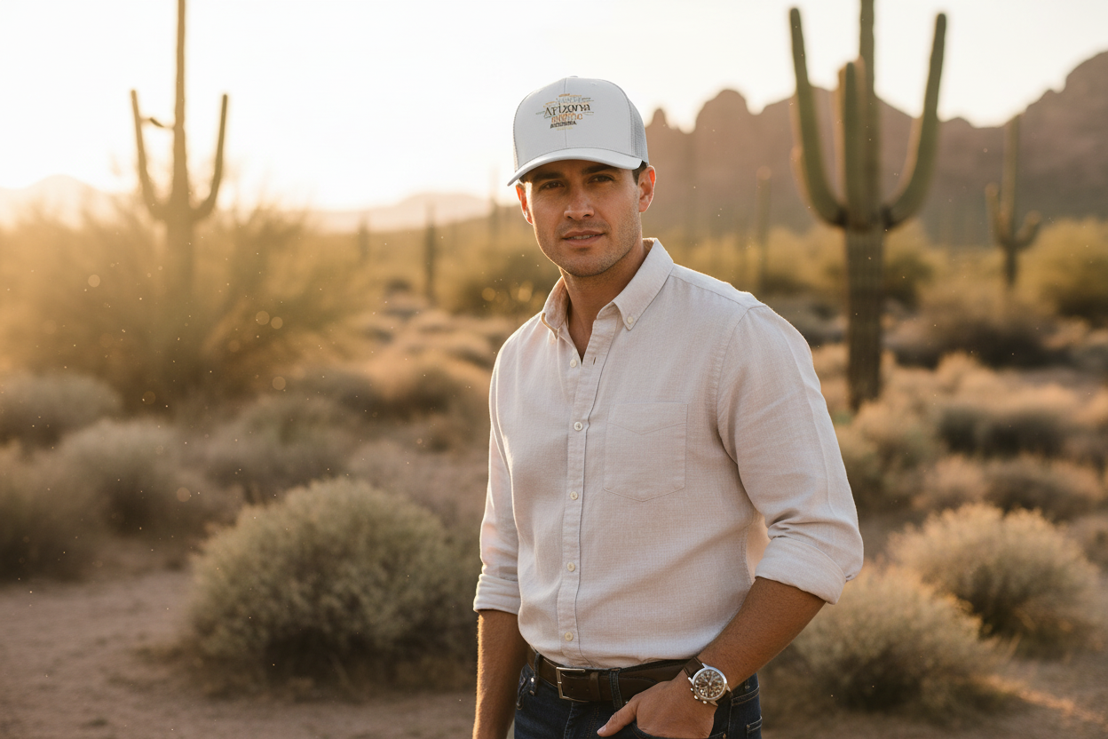 Man wearing white Richardson 112 trucker snapback hat - Arizona desert lifestyle