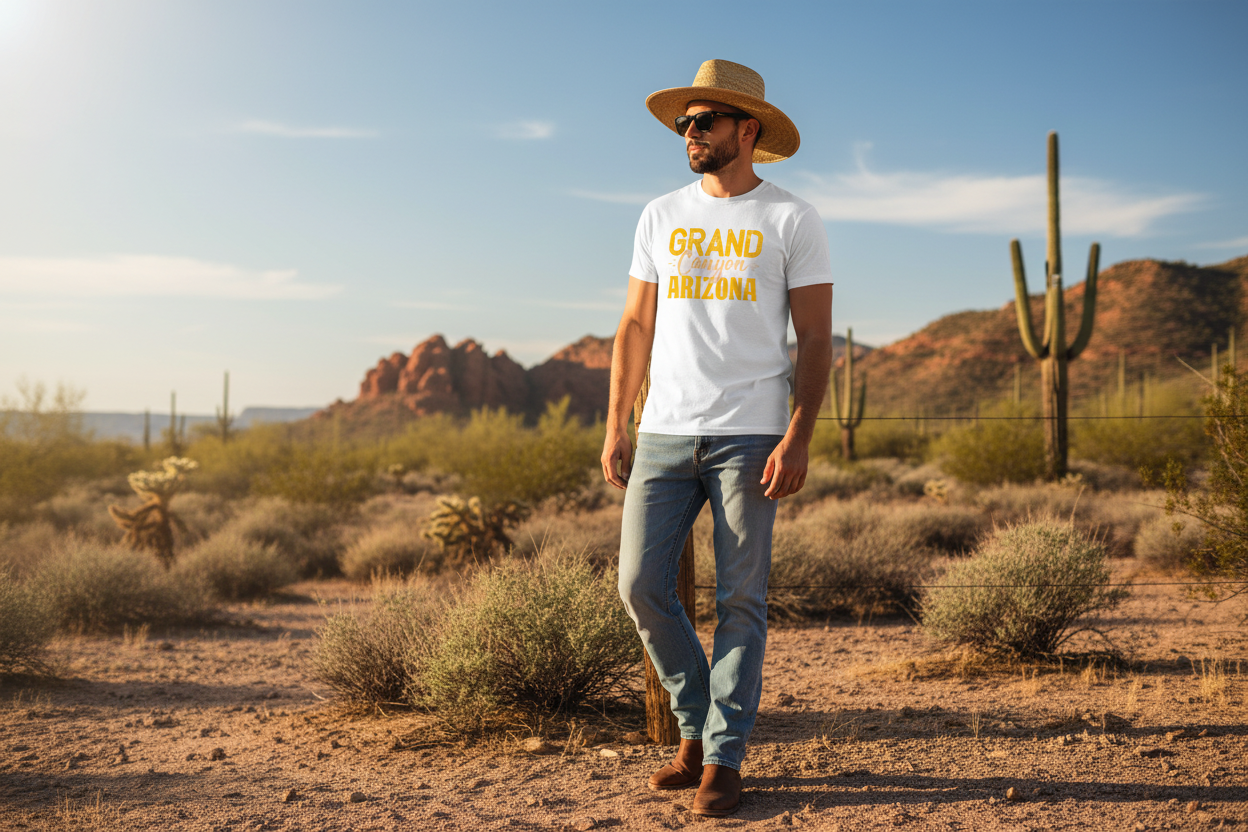 Man wearing white graphic t-shirt - Arizona desert lifestyle