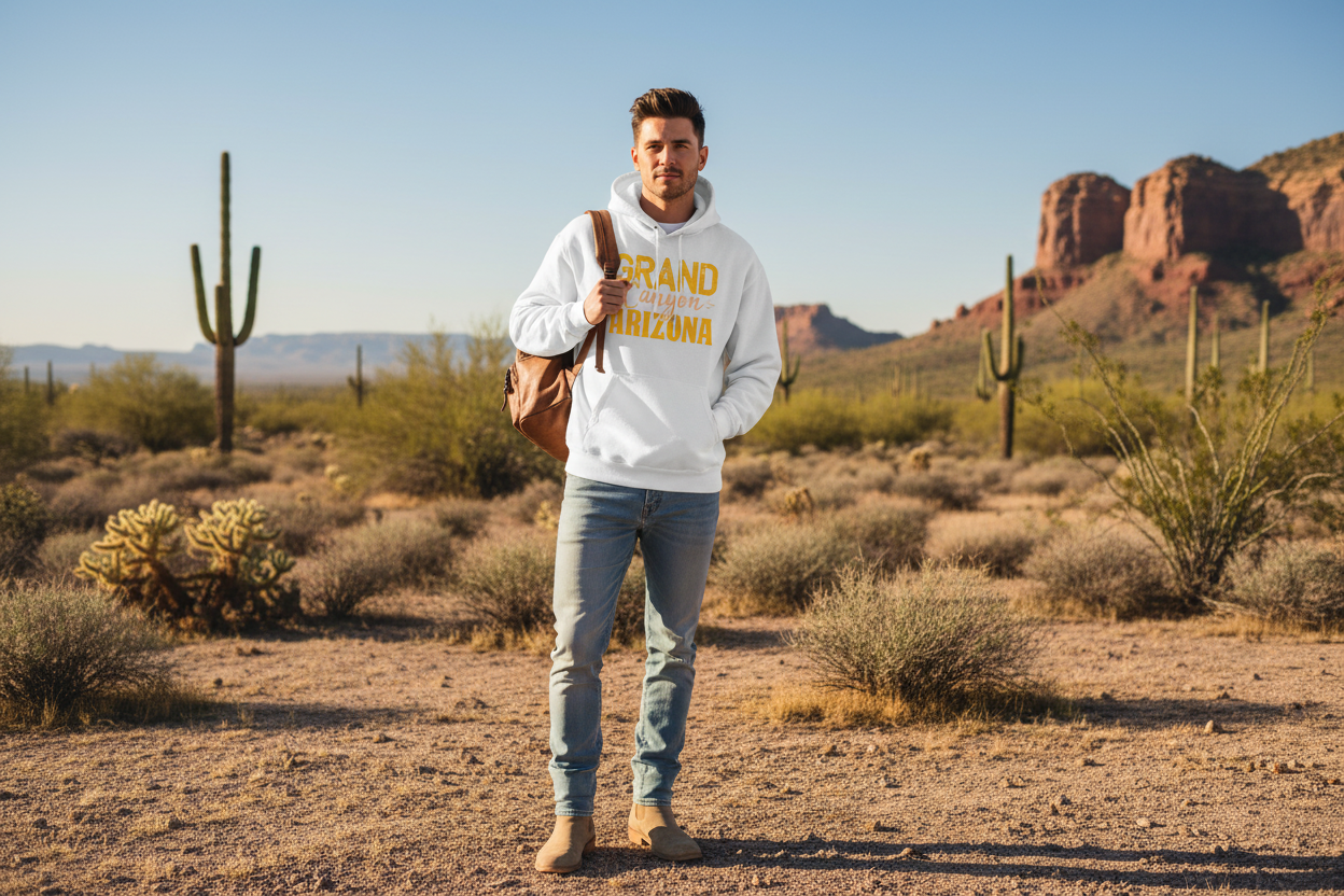 Man wearing white graphic hoodie - Arizona desert lifestyle