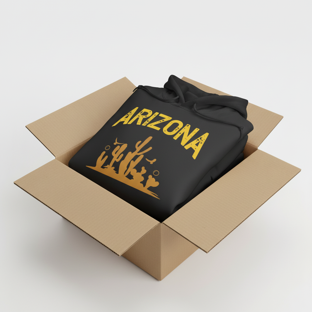 Black hoodie in shipping box with collar and hood visible