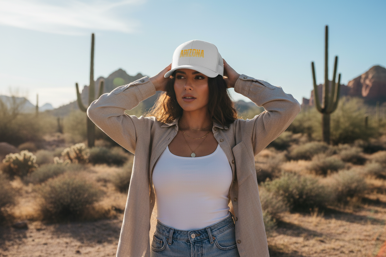 Woman wearing white Richardson 112 trucker snapback hat - Arizona desert lifestyle