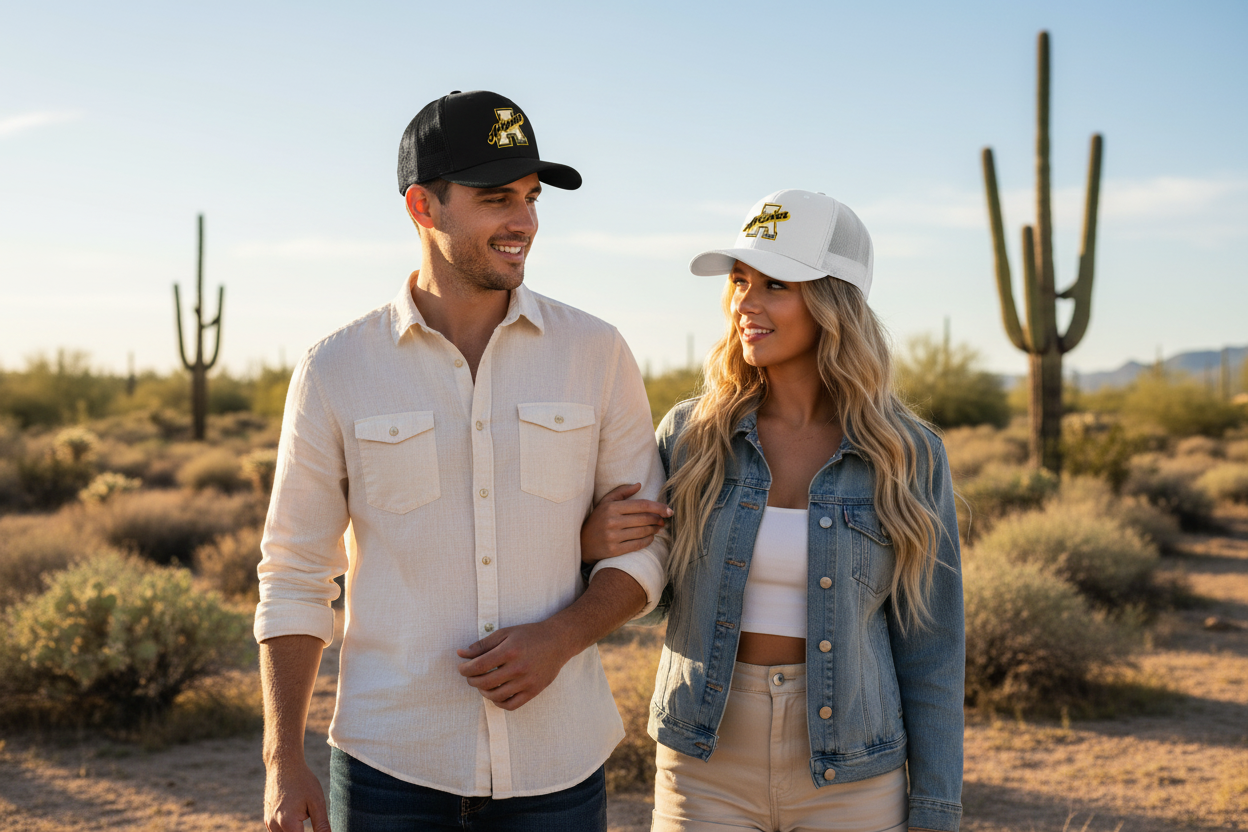 Man and woman wearing black and white Richardson 112 trucker snapback hats - Arizona desert lifestyle