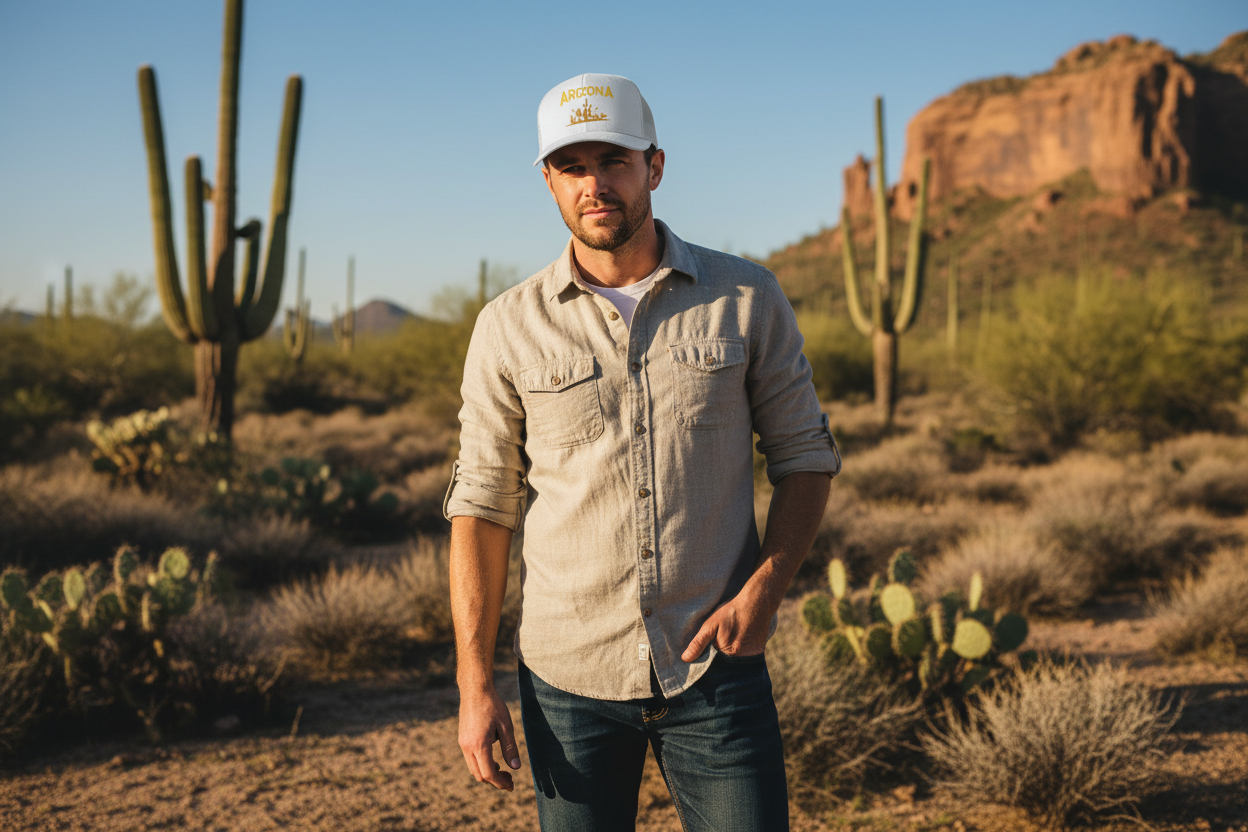 Man wearing white Richardson 112 trucker snapback hat - Arizona desert lifestyle