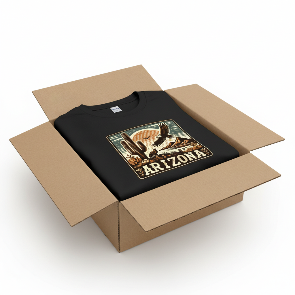 Black t-shirt in shipping box with collar visible