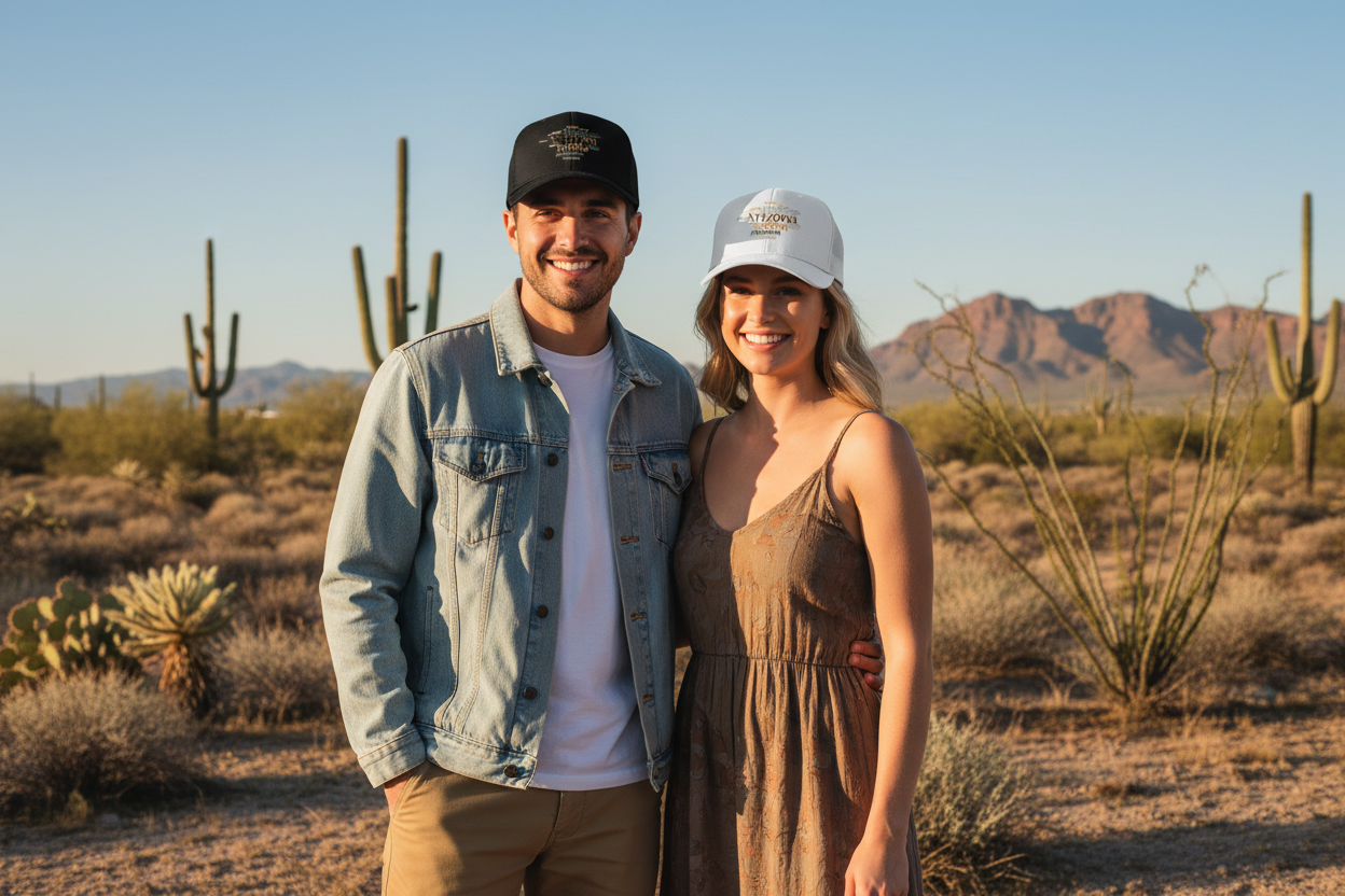 Man and woman wearing black and white Richardson 112 trucker snapback hats - Arizona desert lifestyle