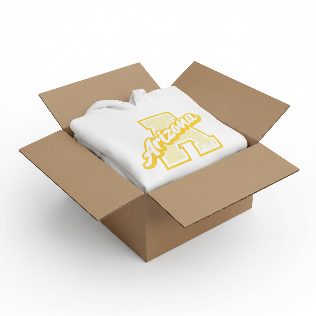 White hoodie in shipping box with collar and hood visible