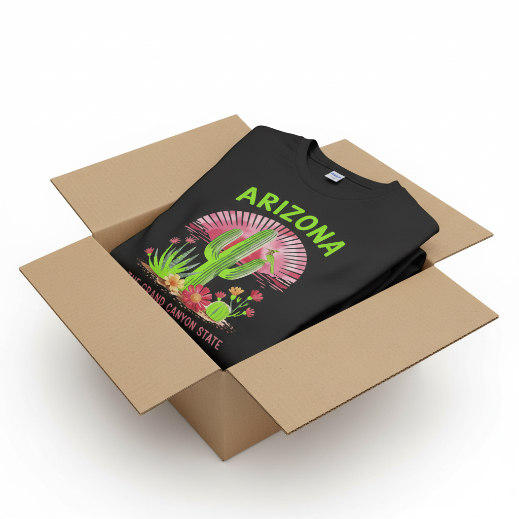 Black t-shirt in shipping box with collar visible