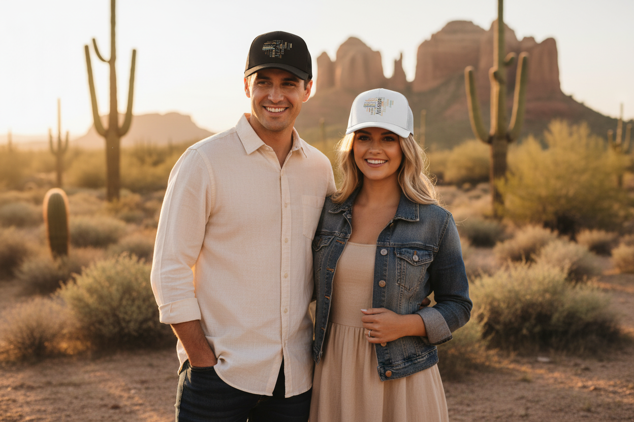 Man and woman wearing black and white Richardson 112 trucker snapback hats - Arizona desert lifestyle