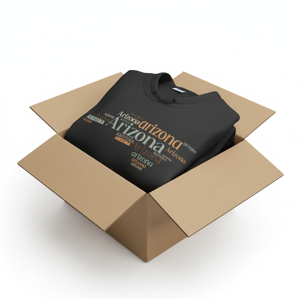 Black hoodie in shipping box with collar and hood visible