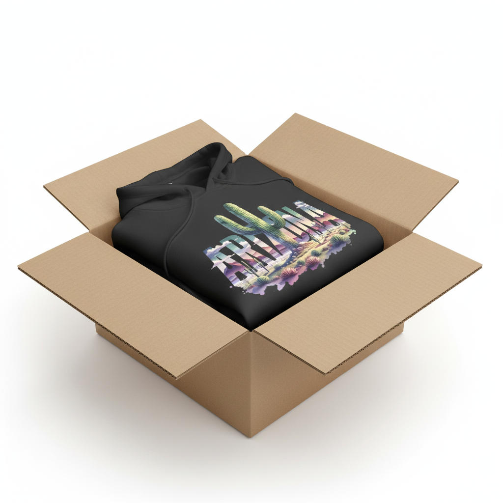 Black hoodie in shipping box with collar and hood visible