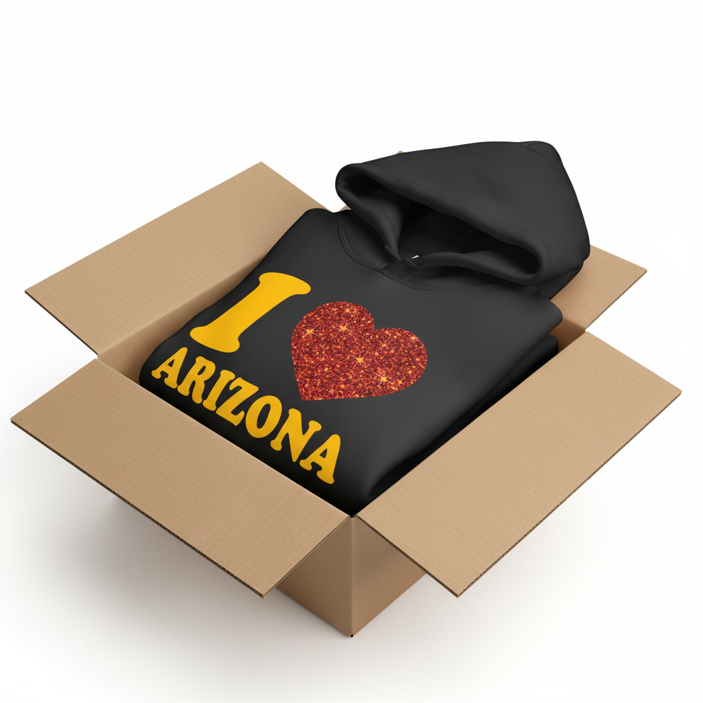 Black hoodie in shipping box with collar and hood visible