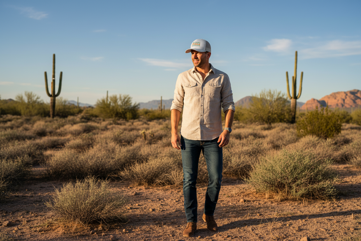Man wearing white Richardson 112 trucker snapback hat - Arizona desert lifestyle