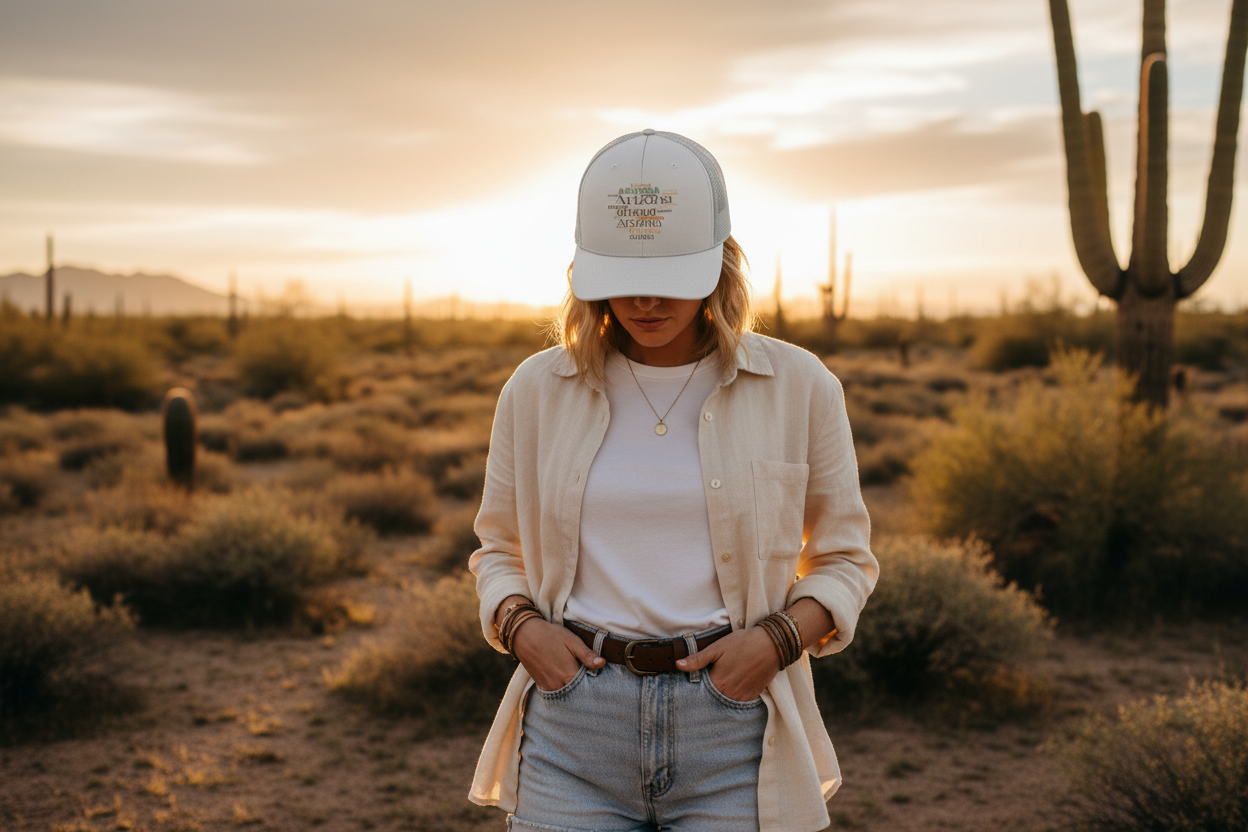 Woman wearing white Richardson 112 trucker snapback hat - Arizona desert lifestyle