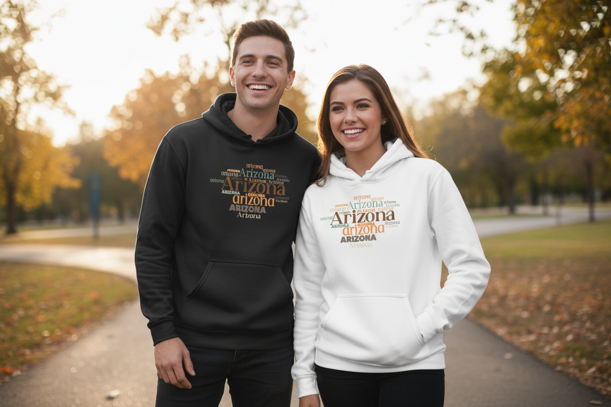 Male and female models wearing black and white hoodies side by side