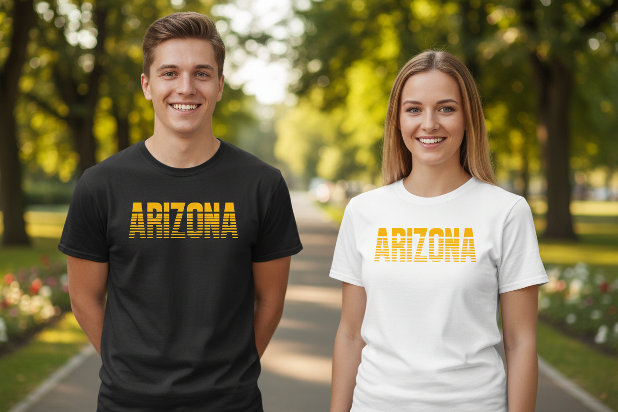 Male and female models wearing black and white t-shirts side by side