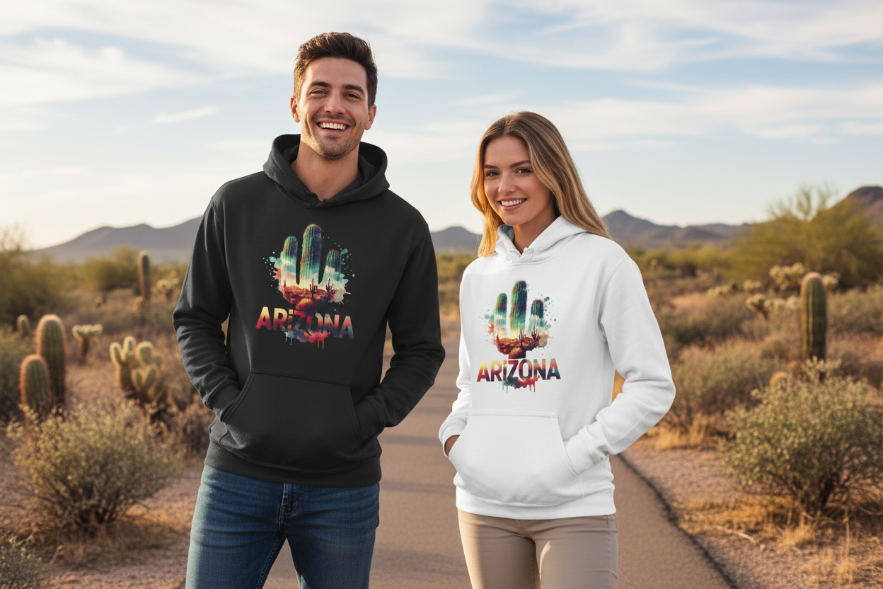Male and female models wearing black and white hoodies side by side