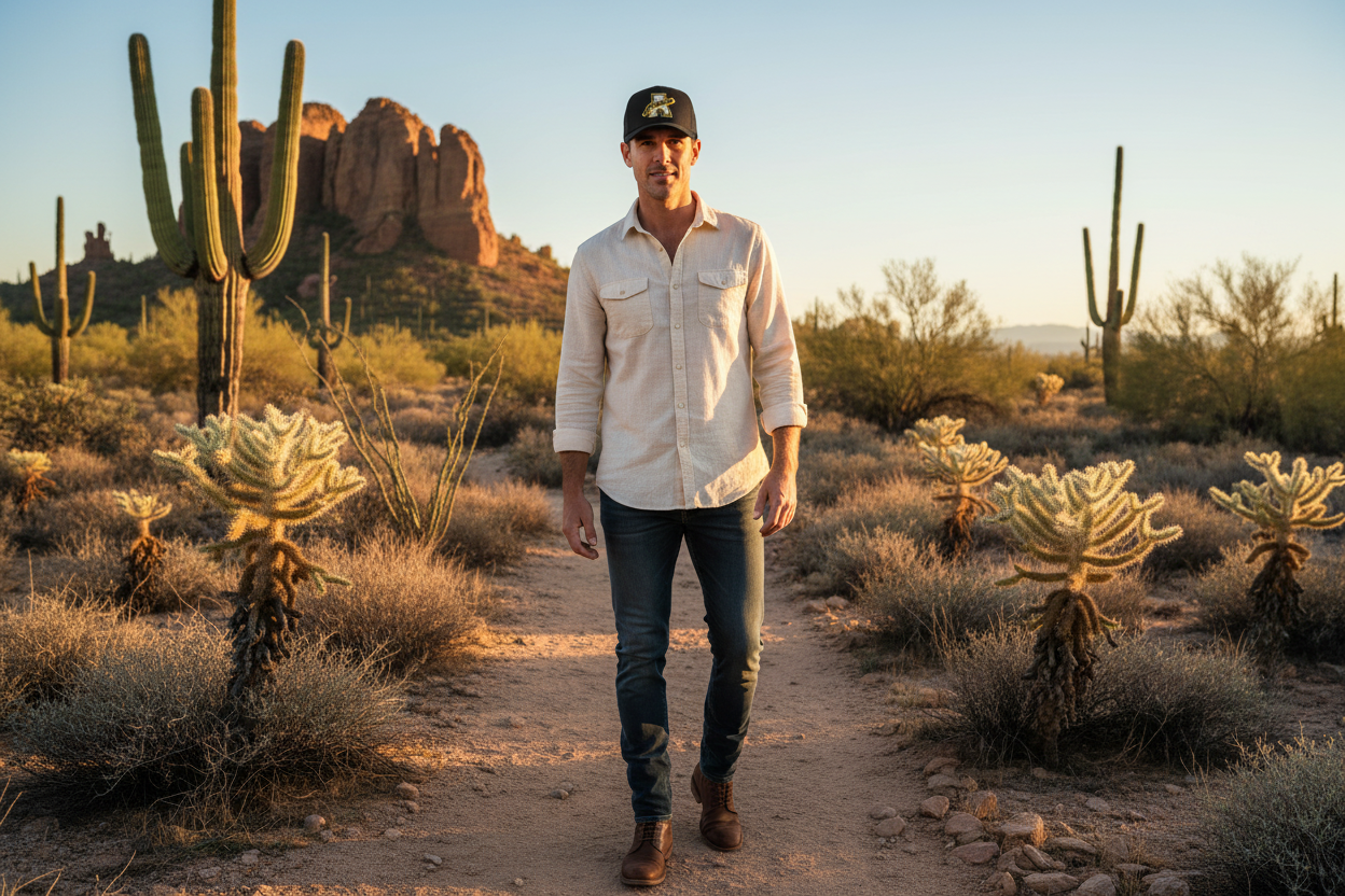 Man wearing black Richardson 112 trucker snapback hat - Arizona desert lifestyle