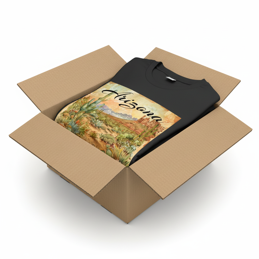 Black t-shirt in shipping box with collar visible