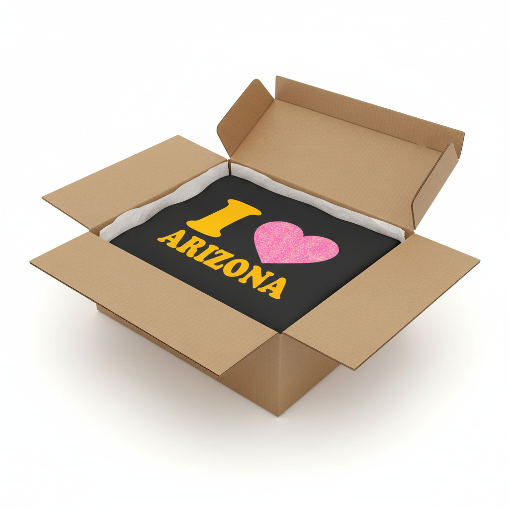 Black t-shirt in shipping box