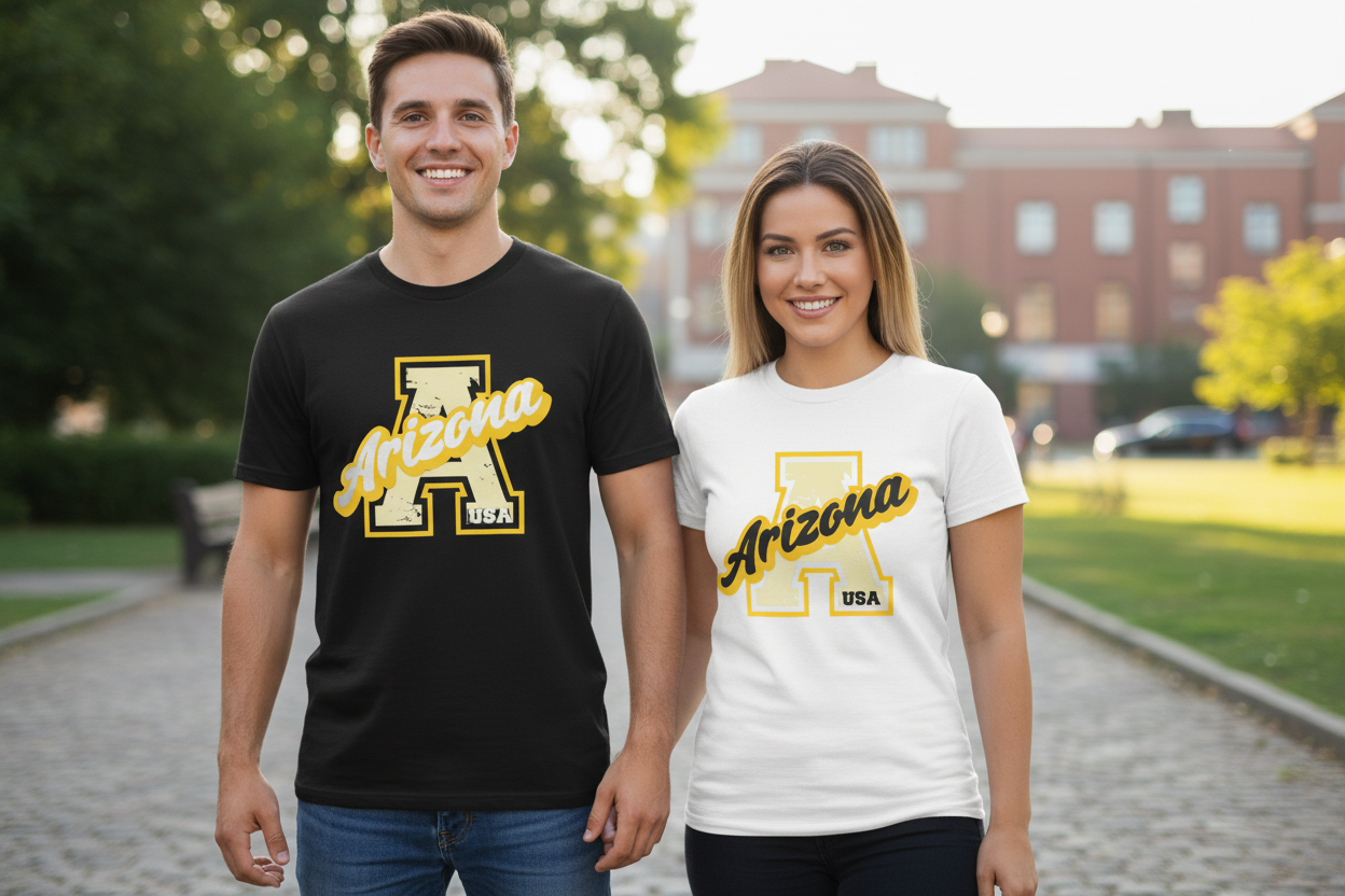 Male and female models wearing black and white t-shirts side by side