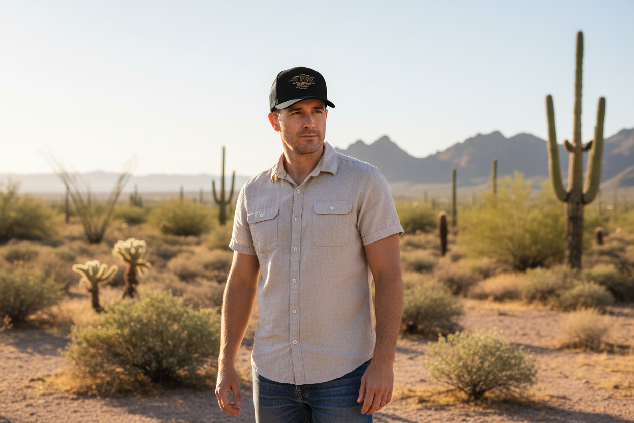 Man wearing black Richardson 112 trucker snapback hat - Arizona desert lifestyle