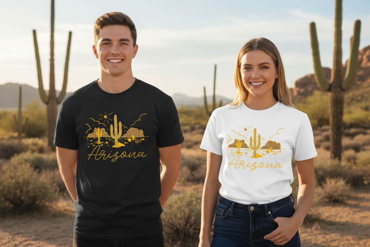 Male and female models wearing black and white t-shirts side by side